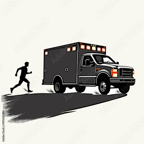 Man running towards emergency ambulance with activated lights  