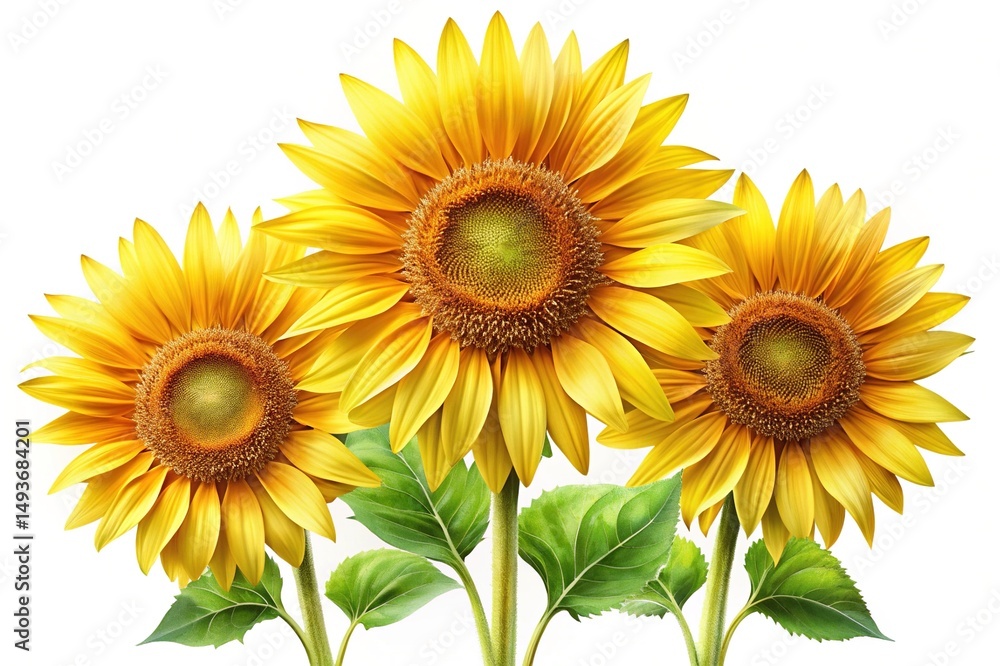 Obraz premium Three bright sunflowers with vibrant petals and lush green leaves arrangement
