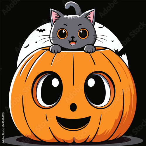Adorable gray kitten peeking from a friendly halloween pumpkin