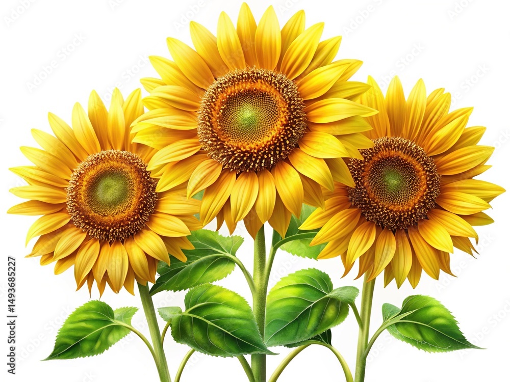 Obraz premium Three beautiful sunflowers in full bloom with bright yellow petals against white