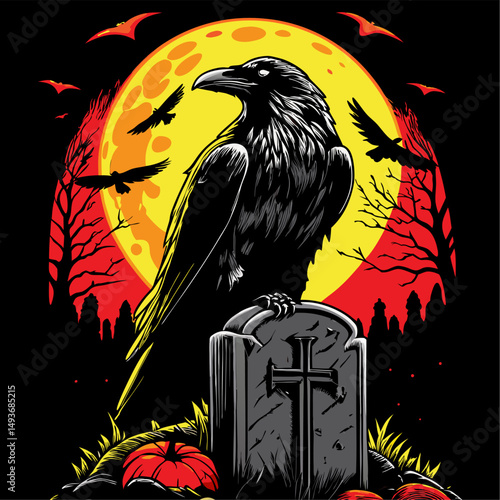 Majestic raven perched on tombstone under halloween moon