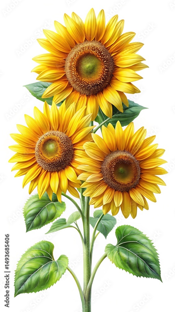 Fototapeta premium A vibrant trio of sunflowers in full bloom, painted with exceptional detail