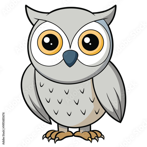 Gray owl with yellow eyes stands looking directly forward on a white backdrop