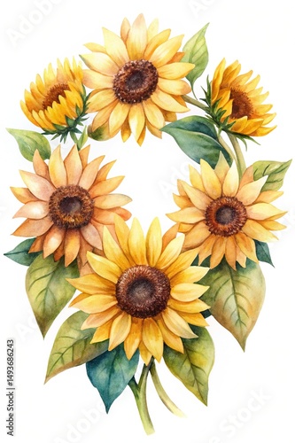 Wallpaper Mural Watercolor Illustration of a Wreath of Sunflowers with Green Leaves and Stems Torontodigital.ca