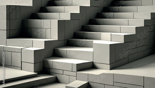 Block stairs and shadows. Brutalist minimal vector with modular rectangles and deep tonal contrast.