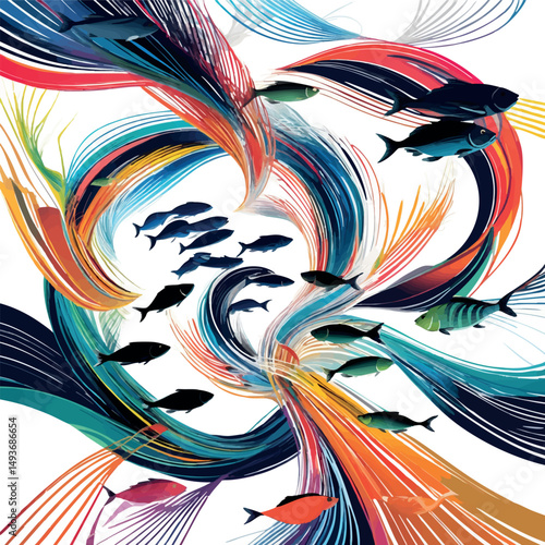 Abstract fish swarm forming vortex – dynamic multicolor vector design