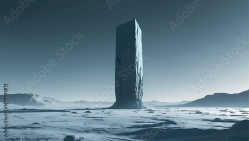 Alien monolith in icy wasteland. Minimalist vector of strange structure in a frozen sci-fi environment.