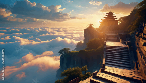 Cliffside temple at sunrise. Immersive vector art with ancient architecture and misty stairways.