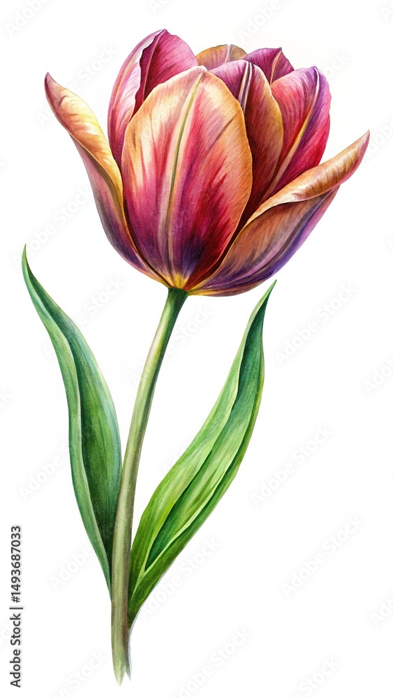Fototapeta premium Watercolor painting of a beautiful tulip flower with elegant petals and leaves