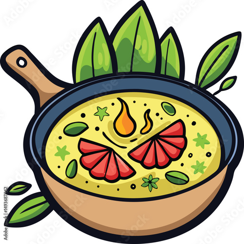 Cartoon illustration of a delicious meal served in a pan with herbal garnishes
