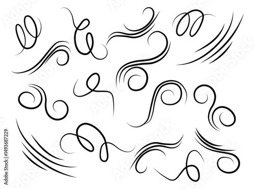 Doodle wind air motion, blowing wind, gentle motion of air with flowing lines and swirl vector