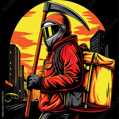 Post apocalyptic urban reaper astronaut with scythe and backpack