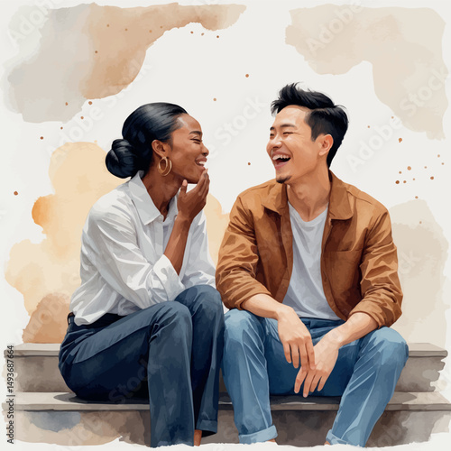 Whisper and laughter vector. Interracial couple in secret joy.