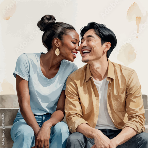 Whisper and laughter vector. Interracial couple in secret joy.
