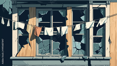 Abandoned tenement building. Vector urban decay scene with broken windows and eerie silence.