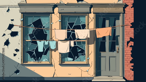Abandoned tenement building. Vector urban decay scene with broken windows and eerie silence.