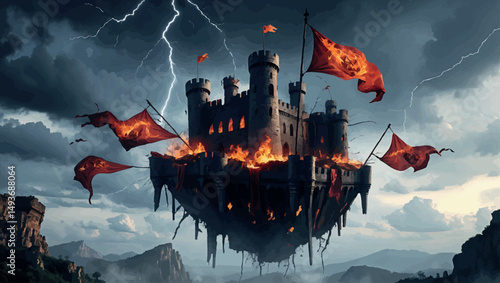 Falling floating castle in apocalyptic void. Vector fantasy scene of scorched ruins and storm-filled sky.