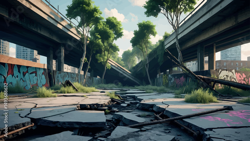 Collapsed overpass in silent city. Vector urban decay with wild nature and fractured structure.