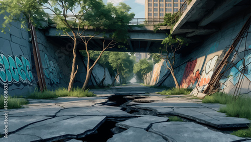 Collapsed overpass in silent city. Vector urban decay with wild nature and fractured structure.
