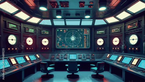 Retro control room. Vector illustration of a sci-fi command center with analog tech and glowing radar screens.