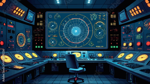 Retro control room. Vector illustration of a sci-fi command center with analog tech and glowing radar screens.