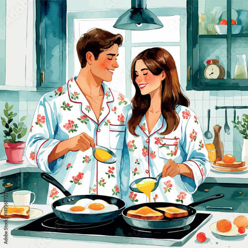 Couple breakfast vector. Cozy shared morning in kitchen.