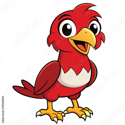 The cartoon red bird stands, smiling with joy and its beak open widely