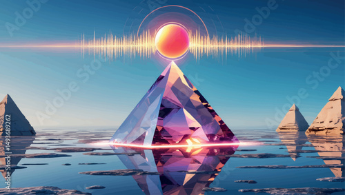 Levitating crystal pyramid. Psychedelic vector of sci-fi desert with liquid reflection and sonic orb.