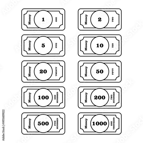 Play Money Vector Set. This black and white vector illustration showcases a complete set of play money bills in various denominations. The vector features ten distinct money notes.