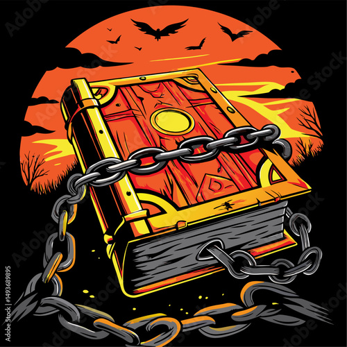 Forbidden grimoire bound by chains against a halloween sunset