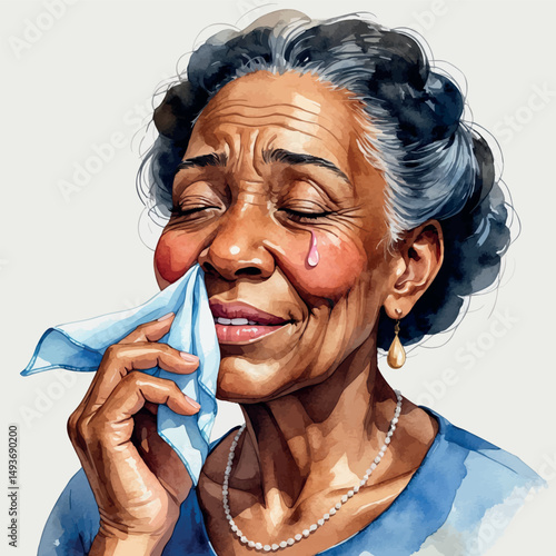 Elderly woman with tear. Watercolor moment of soft sadness and acceptance.