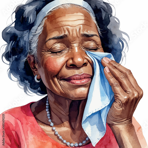 Elderly woman with tear. Watercolor moment of soft sadness and acceptance.