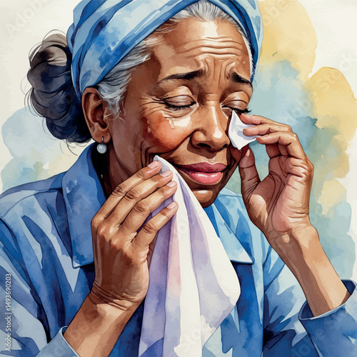 Elderly woman with tear. Watercolor moment of soft sadness and acceptance.