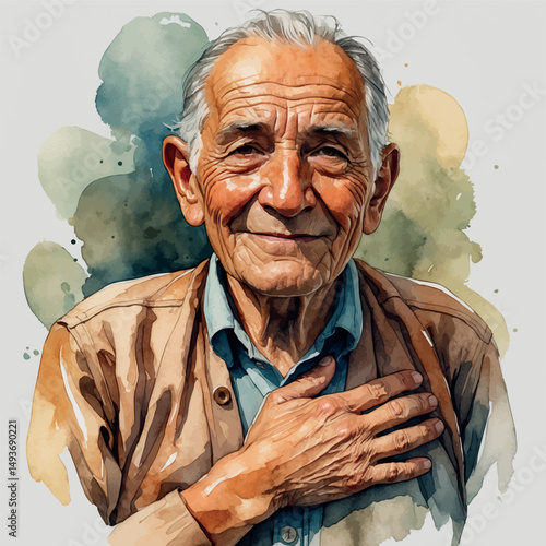 Touched elderly man. Watercolor emotion of memory and gratitude.