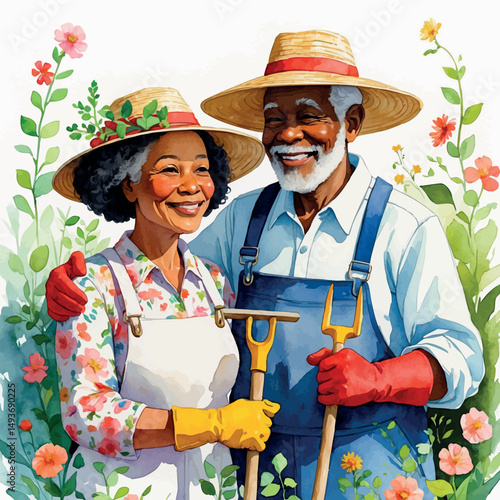 Gardening love vector. Mature interracial couple in nature harmony.