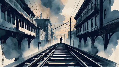 Train shadows in watercolor city. Vector neo-noir scene with elevated track and moody tones.