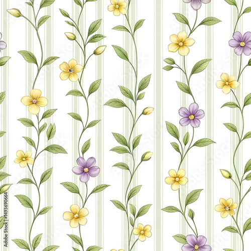 Graceful floral pattern with delicate yellow and purple flowers and subtle green vertical stripes elegant design