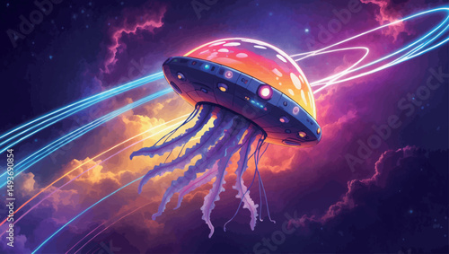 Jellyfish spaceship in rainbow nebula. Psychedelic sci-fi vector with neon trails and galactic haze.