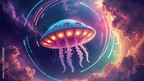 Jellyfish spaceship in rainbow nebula. Psychedelic sci-fi vector with neon trails and galactic haze.