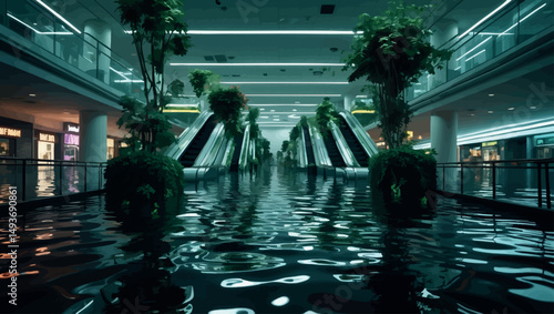 Flooded mall with overgrowth. Vector urban decay scene with nature reclaiming commercial ruin.