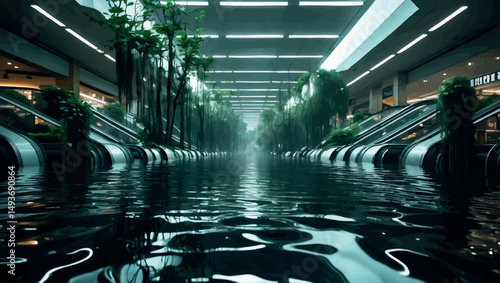 Flooded mall with overgrowth. Vector urban decay scene with nature reclaiming commercial ruin.