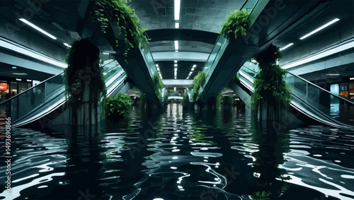 Flooded mall with overgrowth. Vector urban decay scene with nature reclaiming commercial ruin.