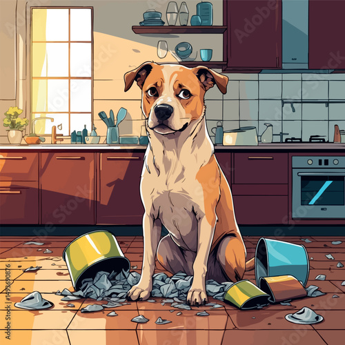 Guilty dog surrounded by spilled trash – funny vector scene in warm colors