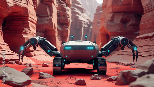 Futuristic canyon rover. Top-down vector view of robotic vehicle exploring alien red terrain maze.