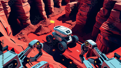 Futuristic canyon rover. Top-down vector view of robotic vehicle exploring alien red terrain maze.