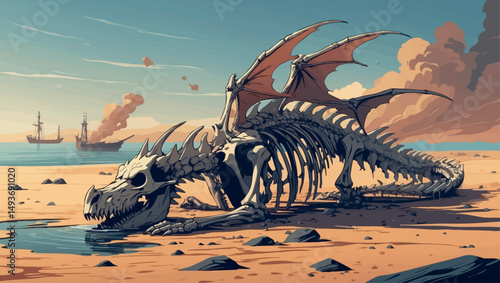 Skeletal dragon in dry ocean. Apocalyptic fantasy vector of dead beast and shipwreck wasteland.
