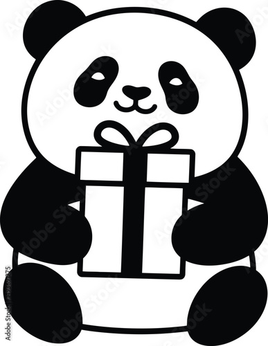 Panda Holding Gift Celebration Art, Present Panda Clipart for Holiday Card