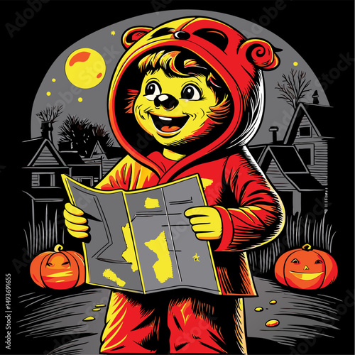 Adorable bear cub in halloween costume navigating on a map