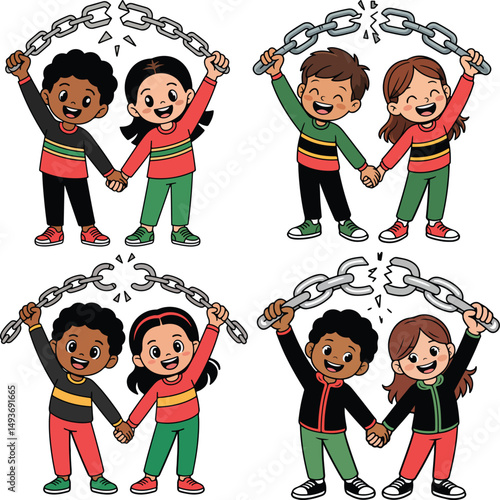 Adorable Cartoon Boy and Girl Duo Holding Broken Chain vector illustration