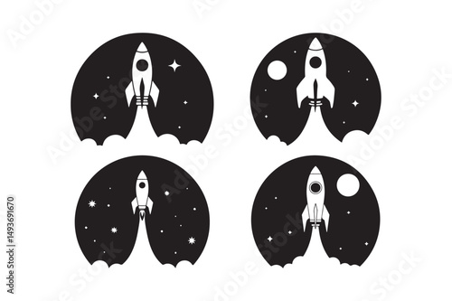 Rocket Launch Icons Spacecraft Silhouette Vector Set with Stars and Moon